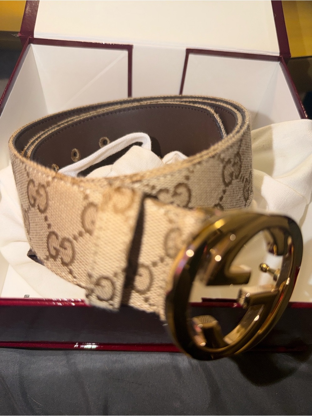 Gucci Beige Monogram Canvas Belt with Gold Double G Buckle